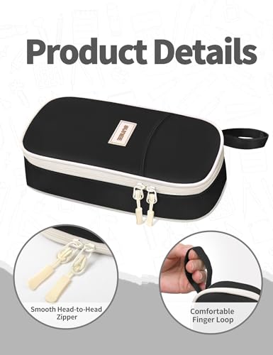 Image of SUNEE Cute Pencil Case, Aesthetic Pen Pouch, Colored Large Pencil Bag with Zipper, Kawaii Stationery Storage and Organizer, School Supplies for Teen and Adult Girls, Black