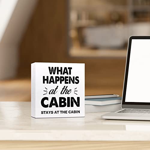 What Happens At The Cabin Stays At The Cabin Camping Wood Plaque Sign Desk Decor,Farmhouse Camping Quote Wood Block Sign Desk Decorations For Home Cabin Camper Rv Desk Shelf Table Decor #TOP4