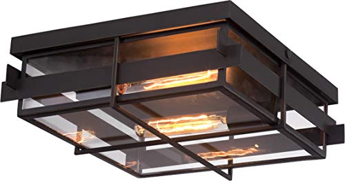Eurofase 28055-013 Muller Metal Framework with Clear Glass Square Outdoor Flush Mount Ceiling Lighting, Wet Rated, 2-Light 120 Total Watts, 5"H x 14"W x 14"L, Bronze