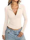 Womens Cotton Polo Collared Shirt Long Sleeve Sexy Deep V Neck Top Button Up Slim Fitted Tee Business Casual Outfit Cream White S