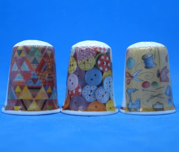 Porcelain China Collectible - Set of Three Thimbles - Buttons & Quilts