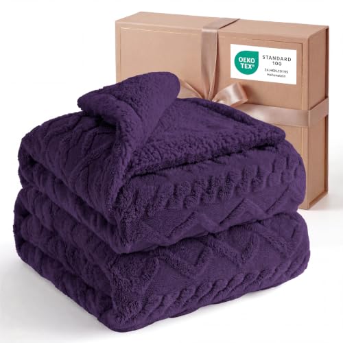 Bedsure Sherpa Fleece Blanket, Cable Jacquard Tufted, Warm, Purple, King