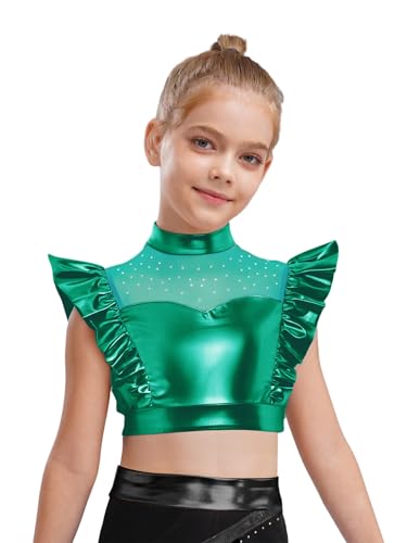 YiZYiF Kids Girls Sparkle Metallic Dance Crop Top Sleeveless Ruffled Fly Sleeves Mesh Patchwork Cropped Vest