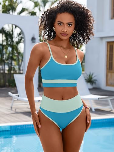 Image of ANRABESS Women's High Waisted Bikini Sets,Color Block 2 Piece Swimsuits,Tummy Control Bathing Suits,Thick Ribbed Beach Wear