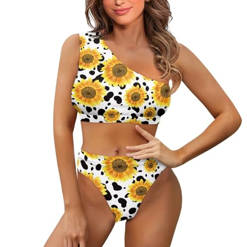 Pugasmiru Biquíni feminino de um ombro só, duas peças, cintura alta, frente única, controle de barri