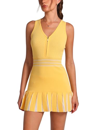 Abociw Tennis Dresses For Women With Shorts Half Zip Knit Colorblock Pleatedathletic Dress Sleeveless Exercise Active Workout Golf Dresses Yellow Medium