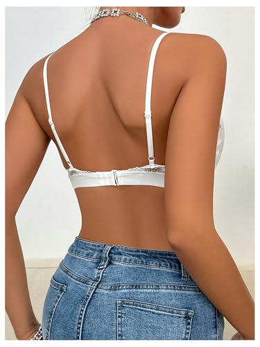 MakeMeChic Women's Triangle Padded Bralette Floral Lace Spaghetti Strap Wireless Strap Bra2