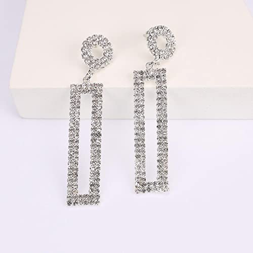 Rhinestone Long Drop Earrings Statement Rectangle Dangle with Circle Studs Fashion Jewelry3
