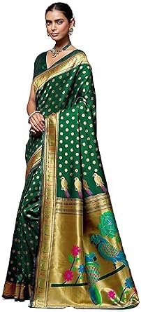 Womens Silk Blend Woven Paithani saree With Blouse Piece