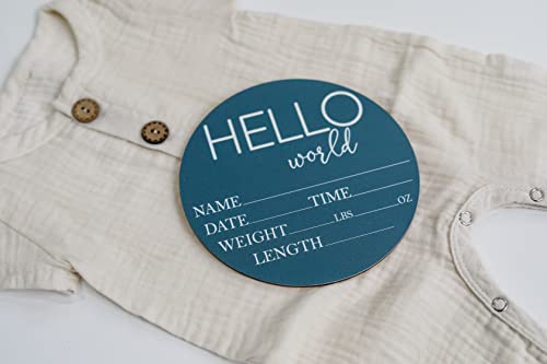Image of Baby Announcement Sign for Newborn Boys and Girls (Color Bases) - Hello World Nursery Decor Sign & Photo Prop for Babies Made of Birch Wood - 6 inch Circle Board (Blue)