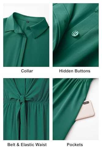 Image of Newshows Women's Work Business Casual Outfits Tie Waist Midi Shirt Dress | Lightweight & Breathable Easy-care Fabric, Side Pockets, Decent Professional Attire, Church Office Funeral Outfits