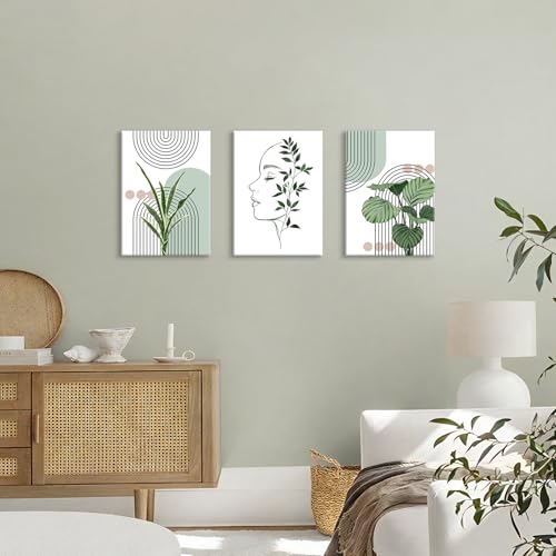 Tableau decoration murale boho sage vert en toile encadrée salon chic