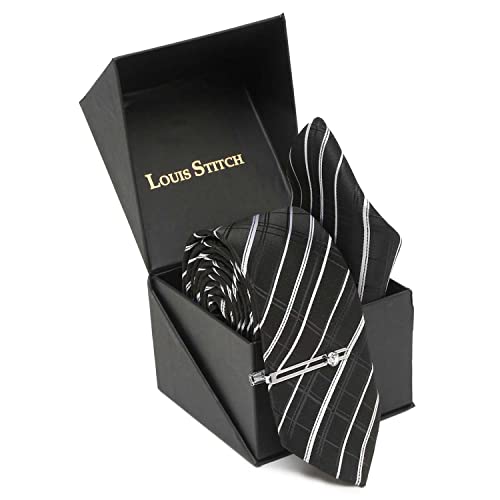 Image of LOUIS STITCH Mens Black Italian Silk Necktie Set Incl Pocket Square Chrome Tiepin American Style Formal Tie Gift Set for Men (TECPBL-#)