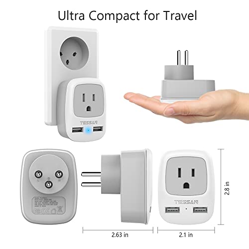 Tessan TS-AP2U-IL-GRAY Israel Power Adapter, Type H 3 Prong Grounded Travel Plug Adaptor With 2 Usb Phone Charger 1 American Outlet thumb #2