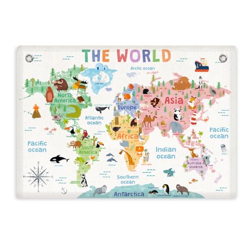 World Map Banner Playroom Decor Wall Hanging, Playroom Wall Decor Educational Banner Flag, Cute Cartoon Animal Wall Flag Nursery Bedroom Toddler Room Decor Classroom Decorations, Banner for Room