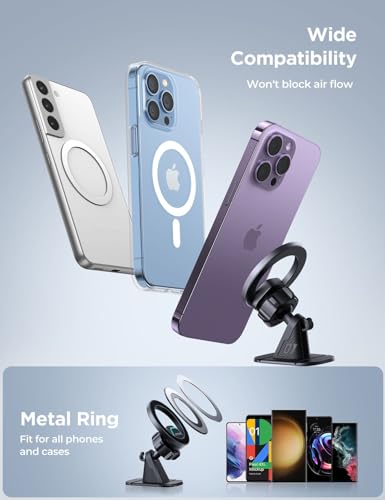 Image of INICIO MagSafe Magnetic Car Mount, Super Stable 360* Dashboard Car Holder with 20 N52 Magnets & Metal Ring for iPhone 16 15 14 13 12 Pro Max Plus, Mag-Safe Cases Galaxy S24 S23 Pixel & All Phones