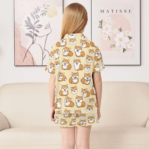 ALAZA Cute Yellow Puppy Dog Cartoon Satin Pajamas Set Short Sleeve Button Down Sleepwear Summer Pjs 2 Piece4