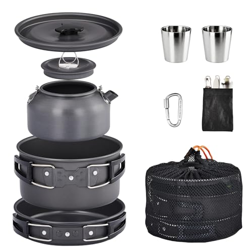 ROVSUN 10pcs Camping Cookware Mess Kit, Lightweight Non-Stick Pot Pan Kettle Set w/Stainless Steel Cup Fork Knives Spoons for Open Fire, Camping, Picnic, Backpacking, Outdoor Cooking