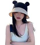 Women's Straw Bucket Hat with Bear Ear Cute Crochet Fishing Cap Summer Foldable Straw Sun Hats (Blac