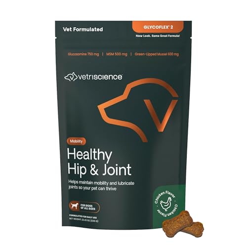 VetriScience Healthy Hip & Joint Chews, GlycoFlex Glucosamine and Green-Lipped Mussel Joint Support Supplement for Dogs, Promote Mobility and Protect Joints, Chicken, 120 Count