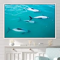 Framed Canvas Wall Art Swimming Free Cool Group Marine Life Multicolor Nautical Photography Realism Relax/Calm Whale - 16x24 inches