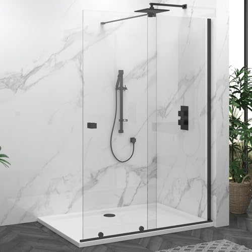 Image of Luton 1400mm Matt Black Walk in Sliding Shower Door Screen for Wet Room Cubicle Enclosures 8mm Toughened Safety Glass - 1950mm Tall