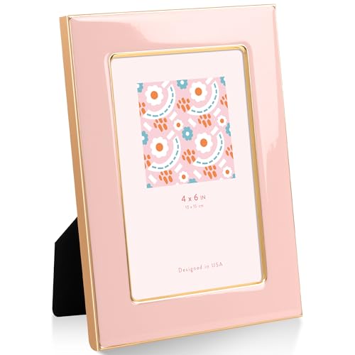 RICHFOCUS 4x6 Enamel Picture Frame with Gold Metal Edge HD Tempered Glass Photo Frame with Velvet Back & Easel Stand for Wall or Tabletop Display Family Office Photo Gallery Pink
