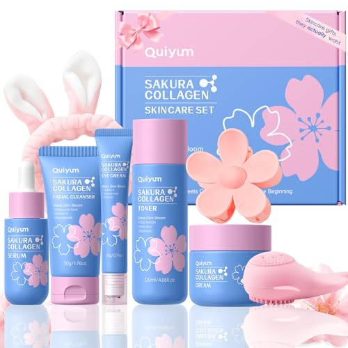 QUIYUM Sakura Collagen Skincare Set - 8-Piece Glass Skin Routine for Women