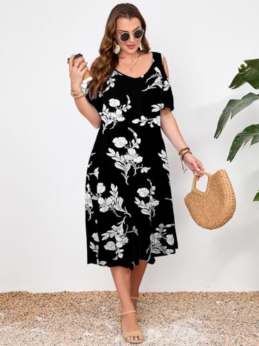 Image of LARACE Plus Size Women Dress for Summer, Midi Women's Sundress, Casual V-Neck Short Sleeve Flowy T-Shirt Dresses with Pockets