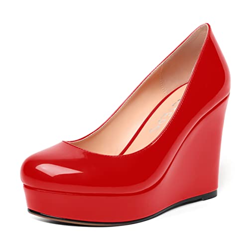 MOVINSTEPS Womens Party Round Toe Solid Patent Sexy Platform Slip On Wedge High Heel Pumps Shoes 4 Inch