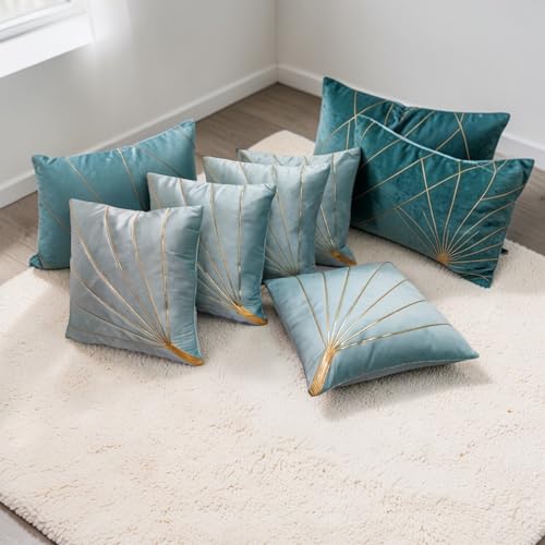 Image of Home Velvet Cushion Cover with Golden Stripes, Aqua Pack of 5, 16x16 to 26x26 Inch (Aqua, 20x20in)