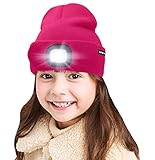 ATNKE Kids LED beleuchtete Mütze mit Licht, USB Wiederaufladbare 4 LED Scheinwerfer wasserdichte Winterwärmer Strick Nachthüte mit leichten Jungen Mädchen/Rose Red