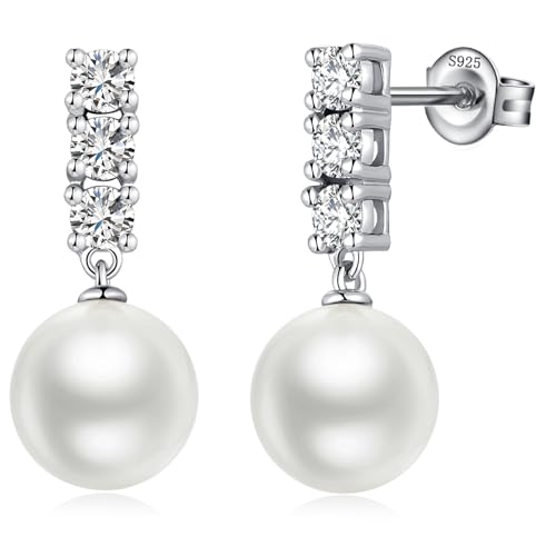 925 Sterling Silver Pearl Stud Earrings with Pearl 10MM, 3 Diamond Cubic Zirconia Pearl Diamond Earring Pearl Jewelry for Women