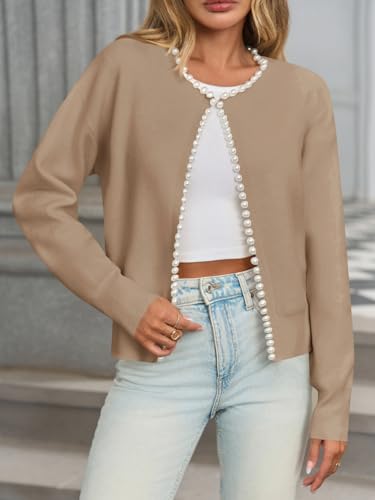 Image of Saodimallsu Womens Fall Open Front Cardigan Sweaters Pearl Long Sleeve Knit Tops Crewneck Dressy Casual Sweater Jacket