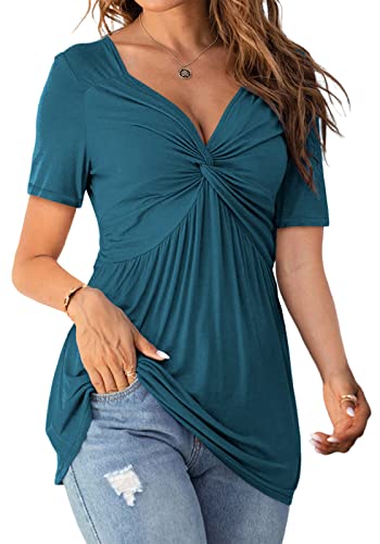 Image of Tankaneo Womens Front Knotted V-Neck Blouse T Shirt Short Sleeve Oversized Tunic Tops Summer Solid Pullover Tees