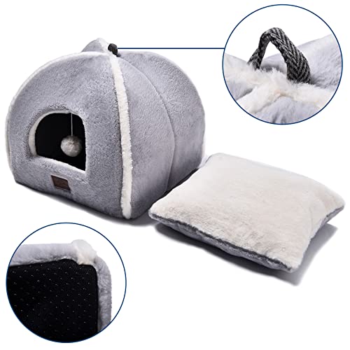 Image of Cat Bed for Indoor Cats - Cat House Cats Tent with Removable Washable Cushioned Pillow, Soft and Self Kitten beds,Pet Bed, Grey,15inches