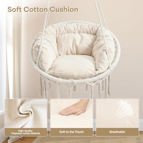Zenzres Hammock Chair, Hanging Swing with Macrame and Cushion, Max 330 Lbs, Beige Hanging Cotton Rope Chair for Indoor, Outdoor, Bedroom, Patio, Yard, Deck, Garden and Porch (Hammock chair-2)