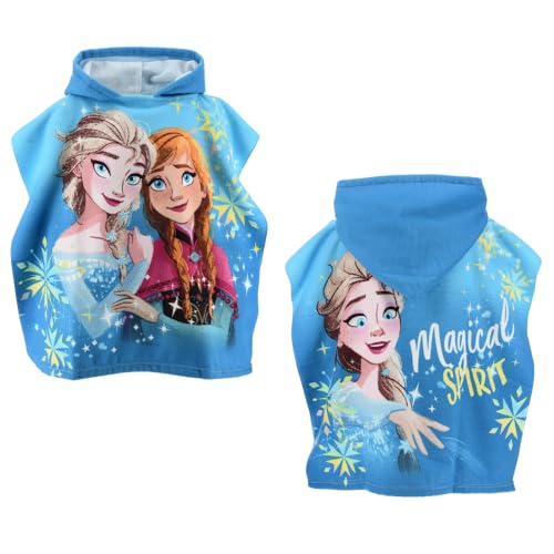 CARTOON Poncho Mar Niña Disney Elsa Anna con Capucha Albornoz de Microfibra 110x55cm Secado Rápido 240gr/m² Ideal para Piscina y Playa Magical Spark