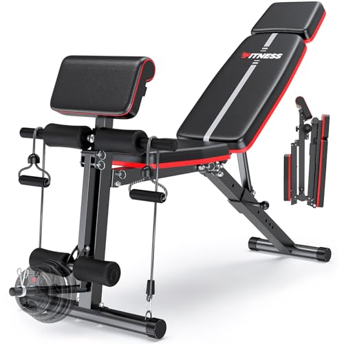 XDDIAS Adjustable Weight Bench, Workout Bench with Leg Extension and Preacher Curl Pad, Weight Bench for Home Gym, Foldable Exercise Bench, Quick Adjustment Incline Bench Press