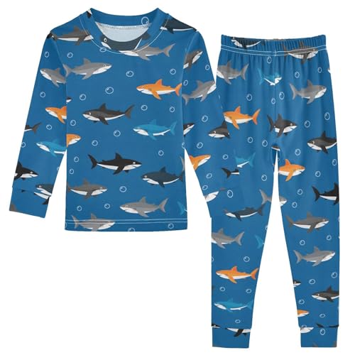 Pajama Sets Long Sleeve Shark Pattern on Blue Soft Comfy Sleepwear 2 Piece PJS 3-8T