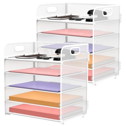 Image of 2 Pack 5-Tier White Desk Organizer with Handle Mesh Desk File /Paper Organizer Letter Tray for Office, School and Home Easy Installation