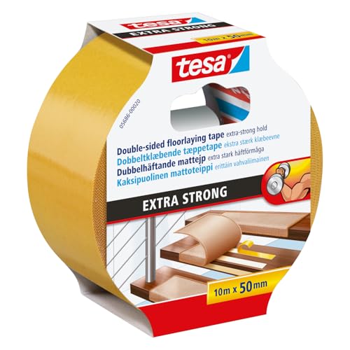 tesa Extra Strong Ruban Adhésif Double Face de Fixation pour Sols Irréguliers – Rouleau Auto-Adhésif Antidérapant pour Moquette et Revêtements de Sol en...