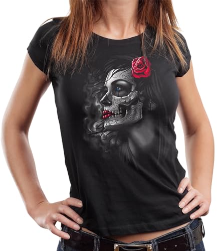 Damen Lady Biker T-Shirt: Lady-Skull Rose