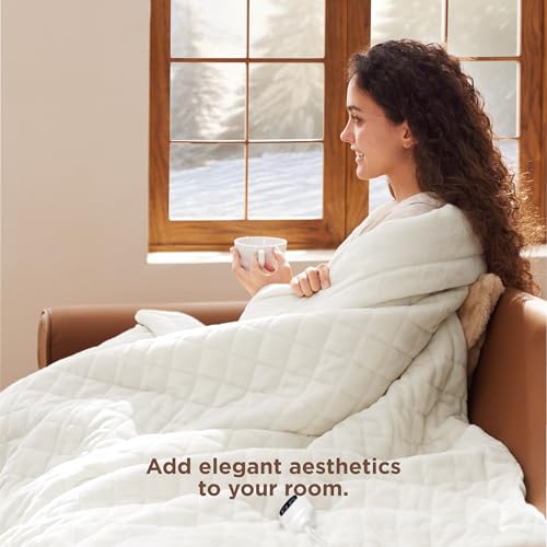 Image of Bedsure Heated Blanket Throw Blanket - Quilted Electric Blanket, Soft Flannel Thick Heating Blanket with 4 Time Settings & 6 Heating Settings, Warm Gifts for Women Men (50x60 inches, Ivory)