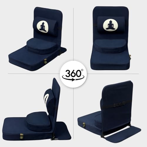 Image of Friends Of Meditation 4-in-1 Folding Buddha Chair - Ergonomic Yoga Seat with Half-Moon Zafu, Detachable Lumbar Support & Carry Case - Navy Blue