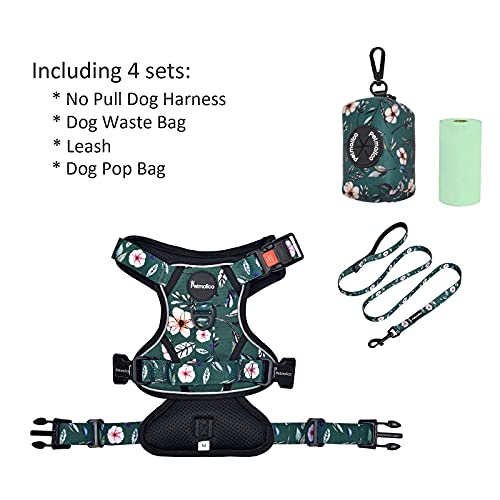 Petmolico No Pull Dog Harness Set, 2 Leash Attchment Easy Control Handle Reflective Vest Dog Harness Medium Breed, Medium Dogs Harness And Leash Set With Poop Bag Holder, Medium Green Rhododendron #TOP5