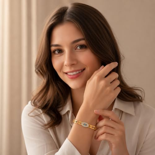Image of Stylish Gold Plated Bangle for Women | Daily Use Stainless Steel Kada | Anti-Tarnish Waterproof Cuff | Multicolour Crystal Evil Eye | Daily Wear Bracelet For Womens | Premium Gift For Girl
