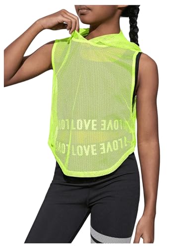 SweatyRocks Girl's Sleeveless Hooded Workout Tops Sheer Mesh Curved Hem Sports Tank Top