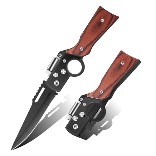 Uninuou AK47 Style Tactical Folding Pocket Knife Black EDC Gift for Men with LED Light Wood Handle & Pocket Clip Laser Engraving Ready Outdoor Camping Hiking Gear (1)