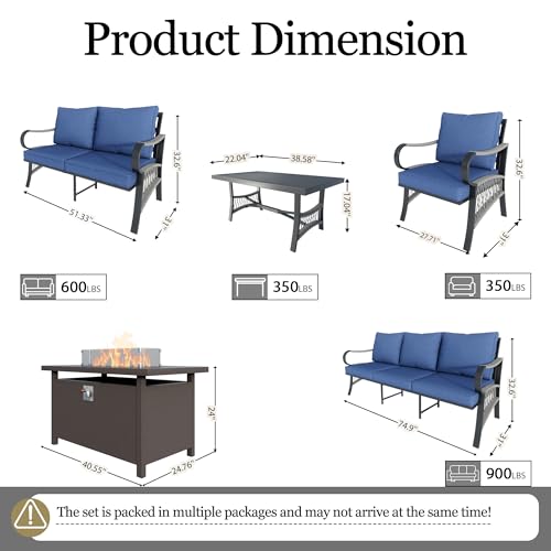 Image of 6-Piece Outdoor Furniture Set, Patio Conversation Set Include 3-Seater Sofa Single Chairs Loveseat Couch with Coffee Table and Fire Pit Table for Deck, Porch (Blue Cushions)